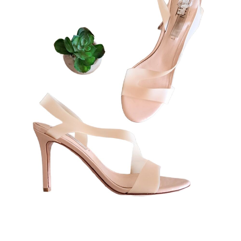 Deltan Tinsley  Nude Vinyl Peep Toe Heels Strappy Stiletto Sandals Size 10